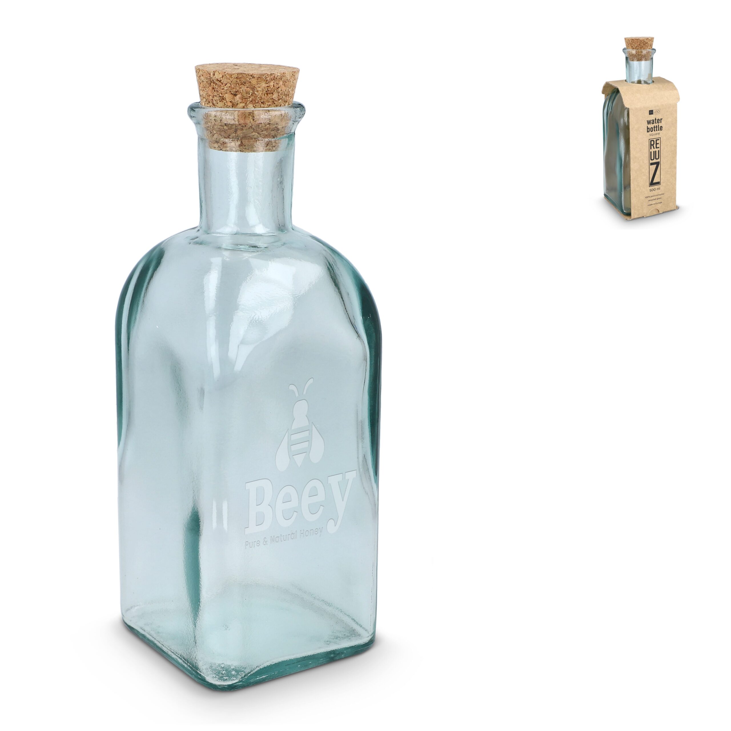 InSideOut Square Recycelte Glaswasserflasche ReuuZ mit Korkverschluss 500ml