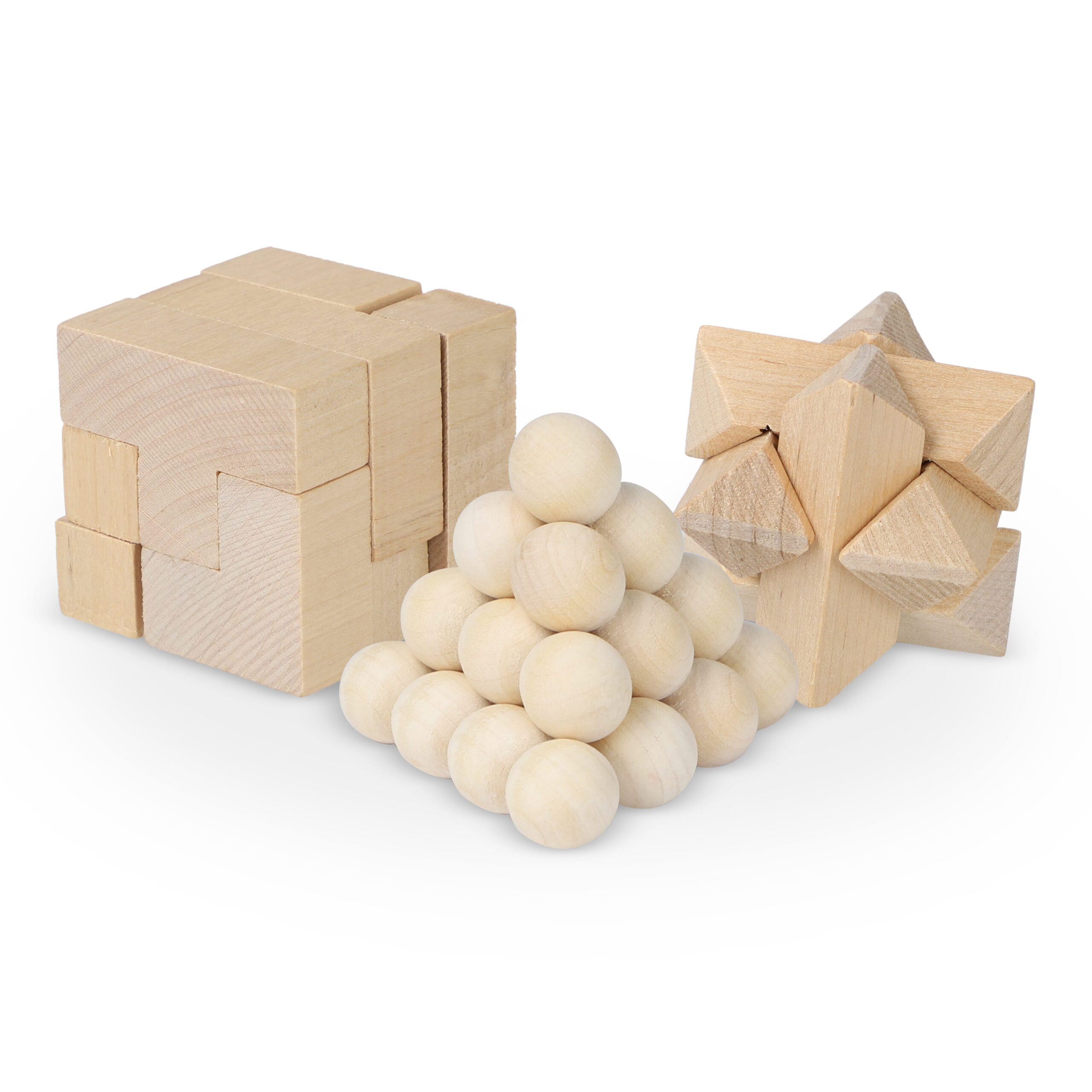 Dieses nachhaltige Set enthält drei spannende Denkspiele: ein Sternenpuzzle, ein Pyramidenpuzzle und ein 3D-Würfelpuzzle, die alle aus FSC-Holz gefertigt sind. Sie sind in einer FSC-Holzbox – Bild 3