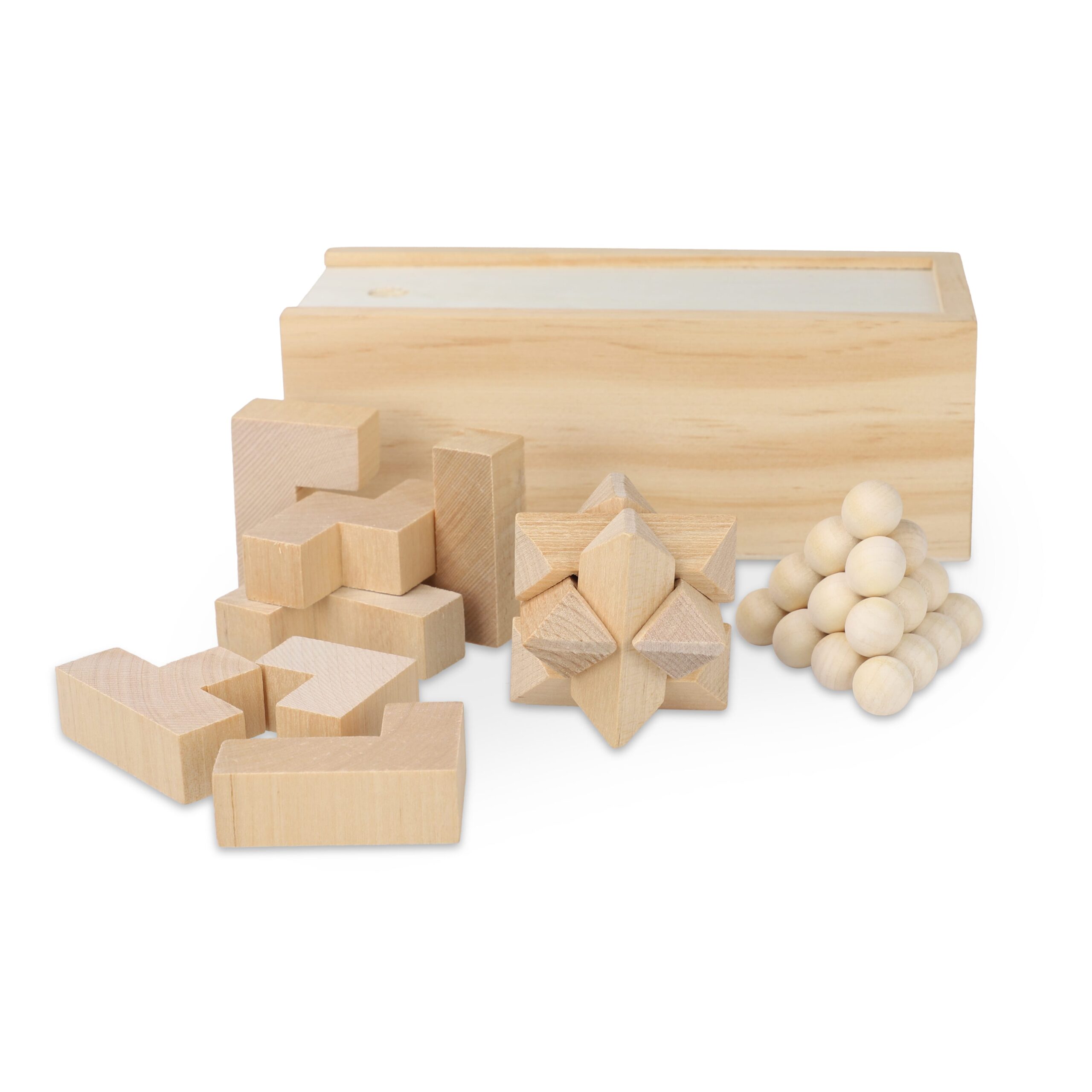 Dieses nachhaltige Set enthält drei spannende Denkspiele: ein Sternenpuzzle, ein Pyramidenpuzzle und ein 3D-Würfelpuzzle, die alle aus FSC-Holz gefertigt sind. Sie sind in einer FSC-Holzbox – Bild 4