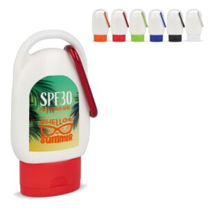 Sonnenschutzlotion mit Karabiner SPF30 aus recyceltem Material